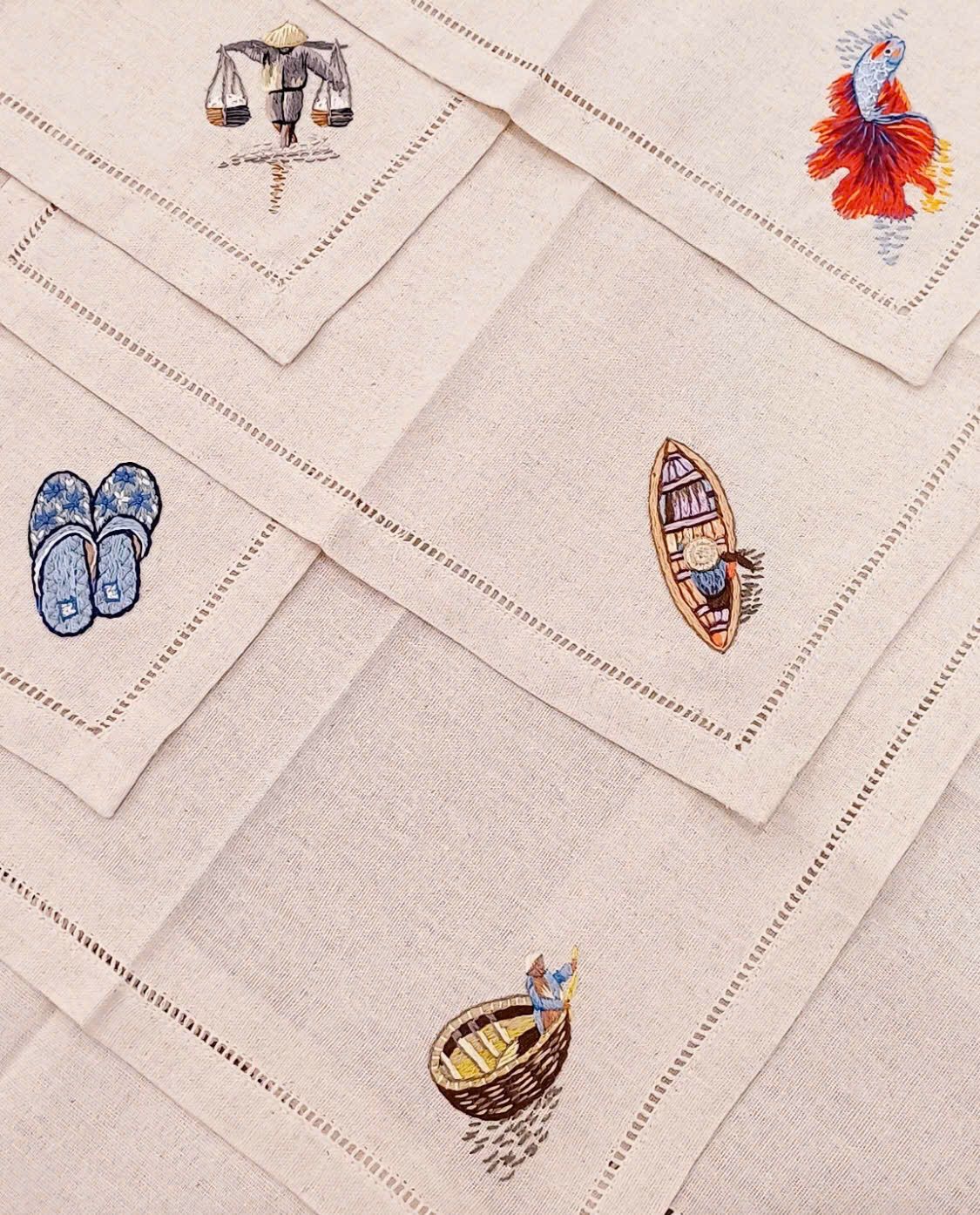 ハノイ商店 オリジナル手刺繍 100 % コットン ハンカチ